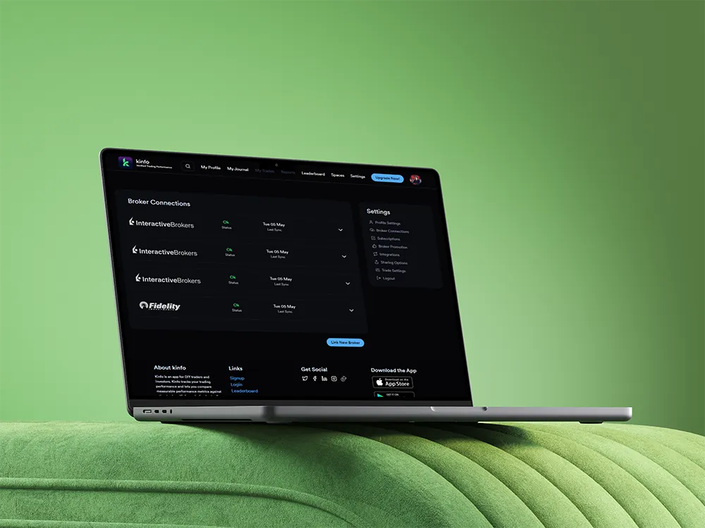 Kinfo portfolio screen showing verified profit, win rate, and latest trades