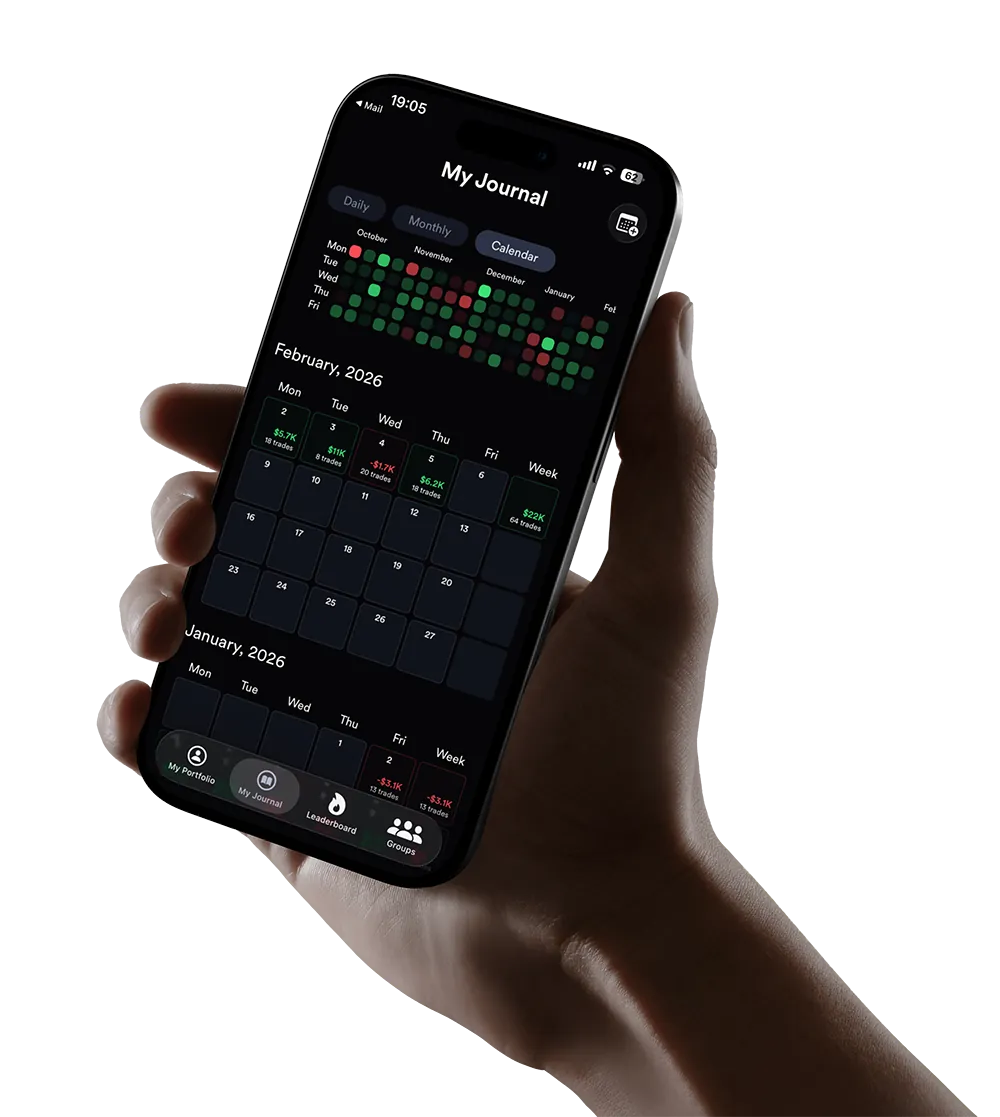 Kinfo trading journal showing a monthly calendar of verified trades