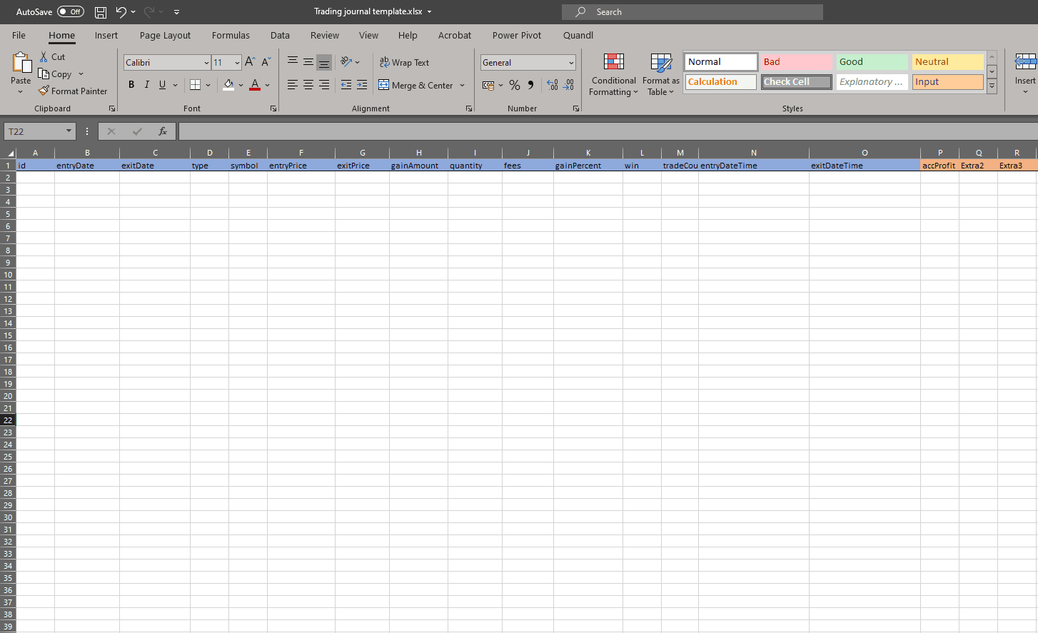 excel journal columns