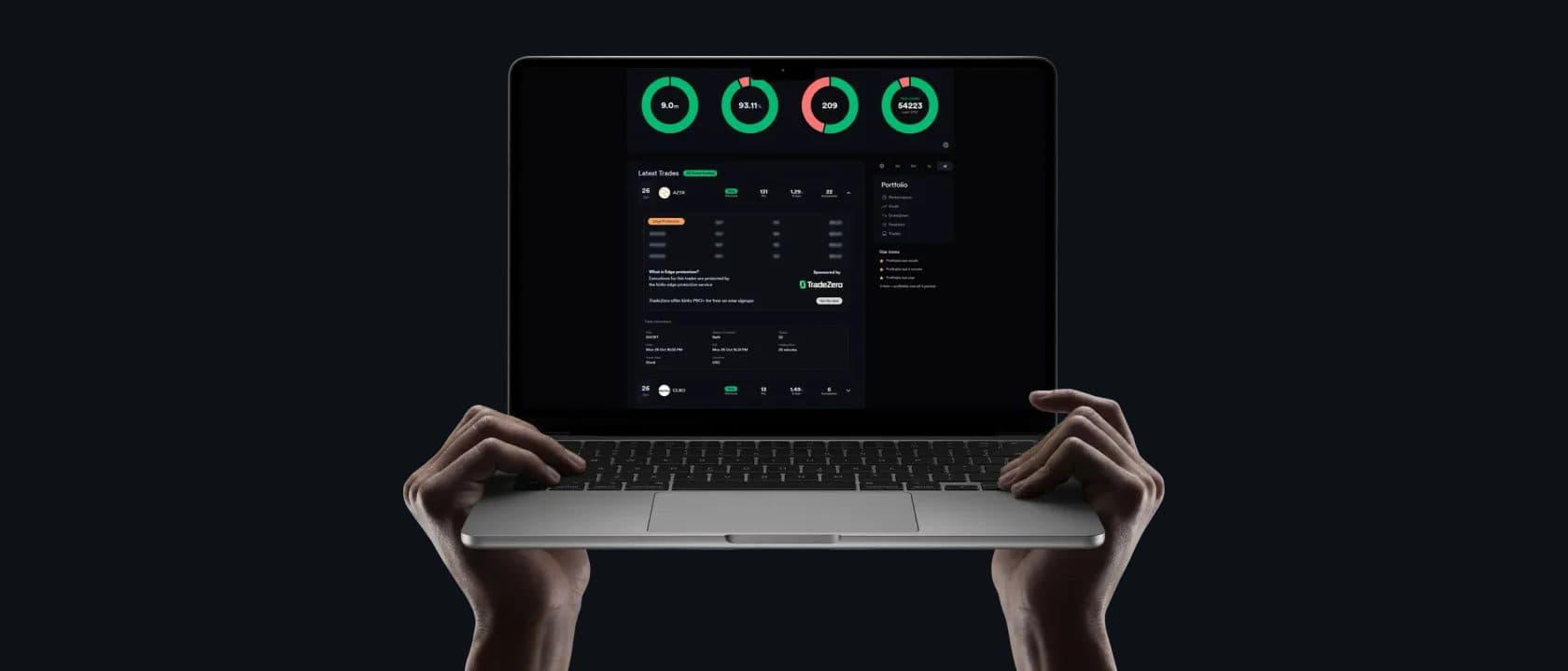 Laptop showing a Kinfo portfolio with executions hidden by Edge Protection